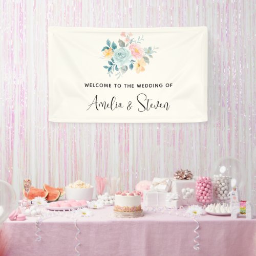 Stylish Pink  Blue Flower Bouquet Wedding Welcome Banner