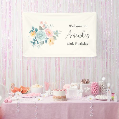 Stylish Pink  Blue Flowers Birthday Welcome Banner