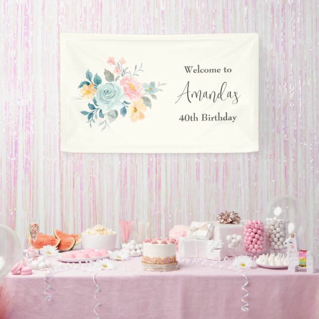 Stylish Pink & Blue Flowers Birthday Welcome Banner (Party)
