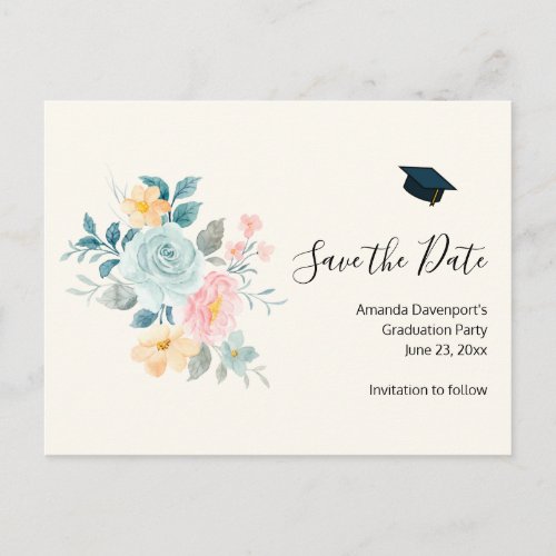 Stylish Pink  Blue Flowers _ Grad Save the Date Invitation Postcard