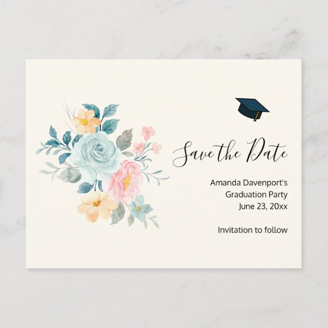 Stylish Pink & Blue Flowers - Grad Save the Date Invitation Postcard (Front)