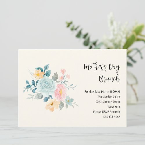 Stylish Pink  Blue Flowers Mothers Day Brunch Invitation