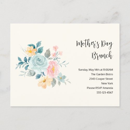 Stylish Pink  Blue Flowers _ Mothers Day Brunch Invitation Postcard