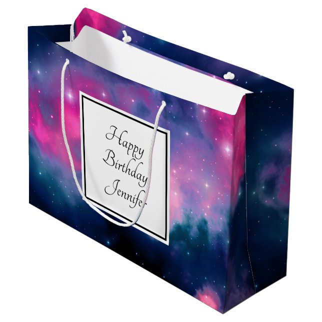 Stylish Pink & Blue Galaxy Stars Abstract Birthday Large Gift Bag (Front Angled)