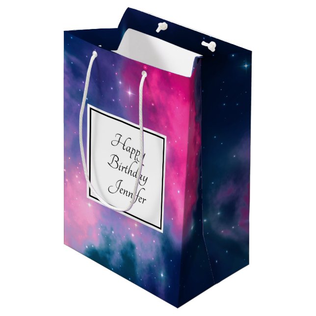Stylish Pink & Blue Galaxy Stars Abstract Birthday Medium Gift Bag (Front Angled)