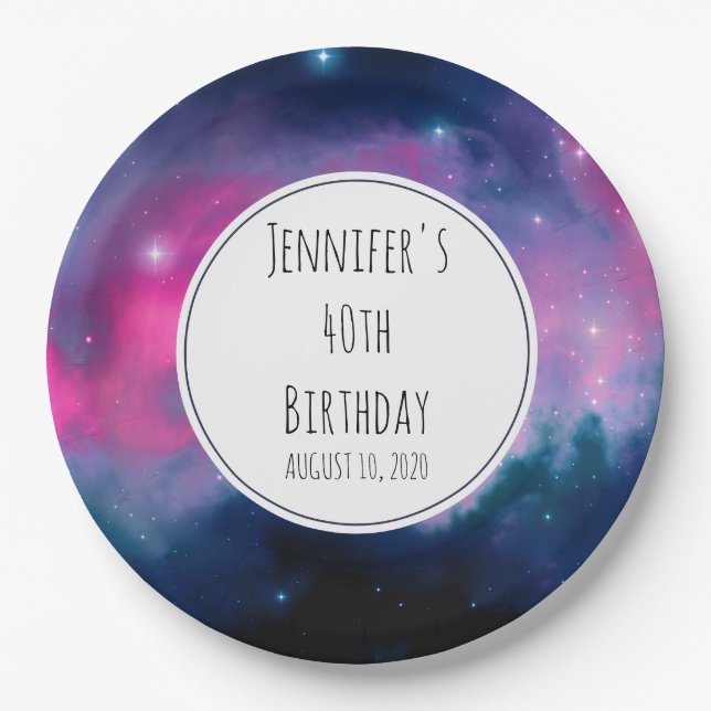Stylish Pink & Blue Galaxy Stars Abstract Birthday Paper Plates (Front)
