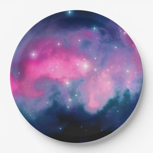 Stylish Pink  Blue Galaxy Stars Abstract Paper Plates