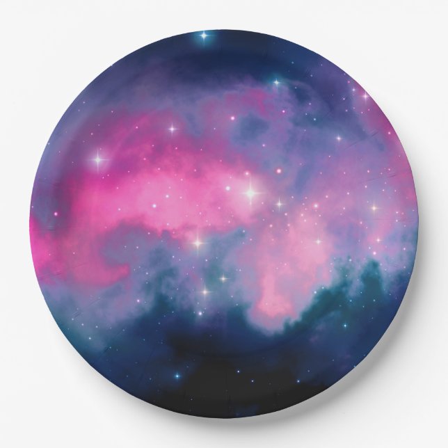 Stylish Pink & Blue Galaxy Stars Abstract Paper Plates (Front)