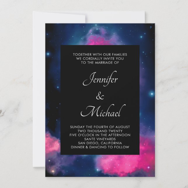 Stylish Pink & Blue Galaxy Stars Abstract Wedding Invitation (Front)