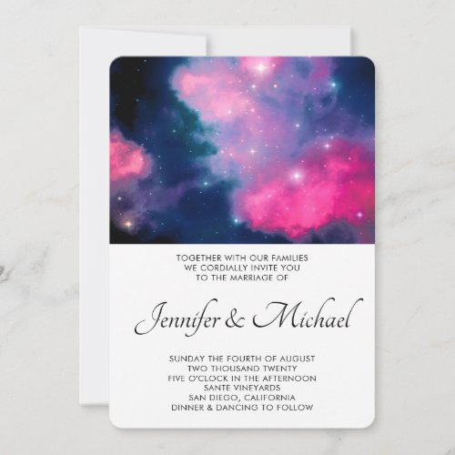 Stylish Pink  Blue Galaxy Stars Abstract Wedding Invitation