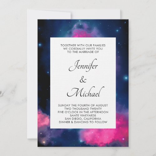 Stylish Pink  Blue Galaxy Stars Abstract Wedding Invitation