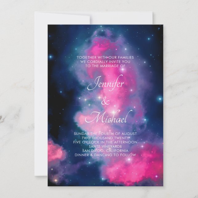 Stylish Pink & Blue Galaxy Stars Abstract Wedding Invitation (Front)