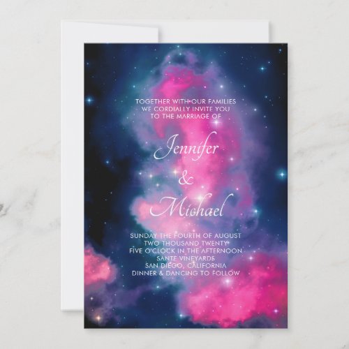 Stylish Pink  Blue Galaxy Stars Abstract Wedding Invitation