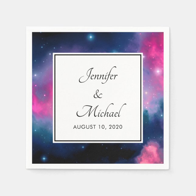 Stylish Pink & Blue Galaxy Stars Abstract Wedding Napkins (Front)