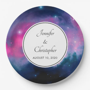 Stylish Pink & Blue Galaxy Stars Abstract Wedding Paper Plates