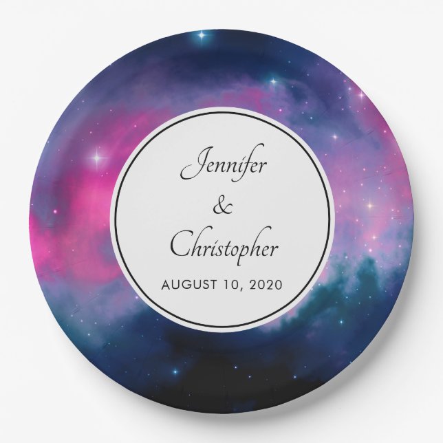 Stylish Pink & Blue Galaxy Stars Abstract Wedding Paper Plates (Front)