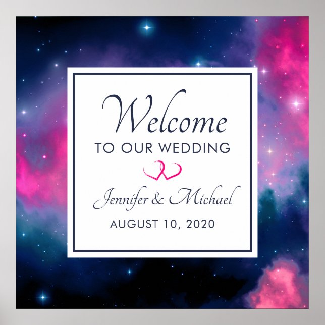 Stylish Pink & Blue Galaxy Stars Abstract Wedding Poster (Front)