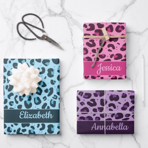 Stylish pink blue purple leopard print with names wrapping paper sheets