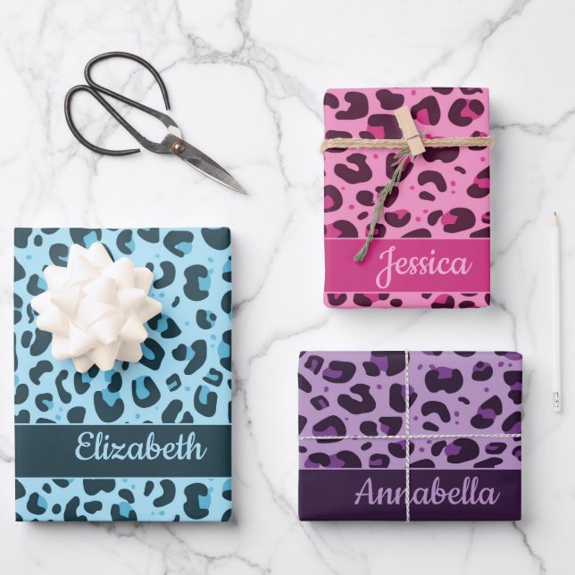 Stylish pink blue purple leopard print with names wrapping paper sheets (Front)