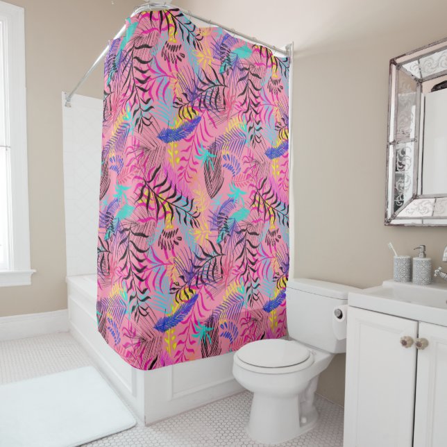 Stylish Pink Blue Teal Foliage Leaves Design Shower Curtain (In Situ)