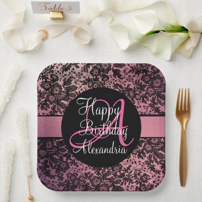 Stylish Pink Blush Black Floral Monogram Birthday Paper Plates (Wedding)