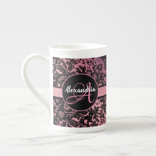 Stylish Pink Blush Black Floral Monogram  Bone China Mug