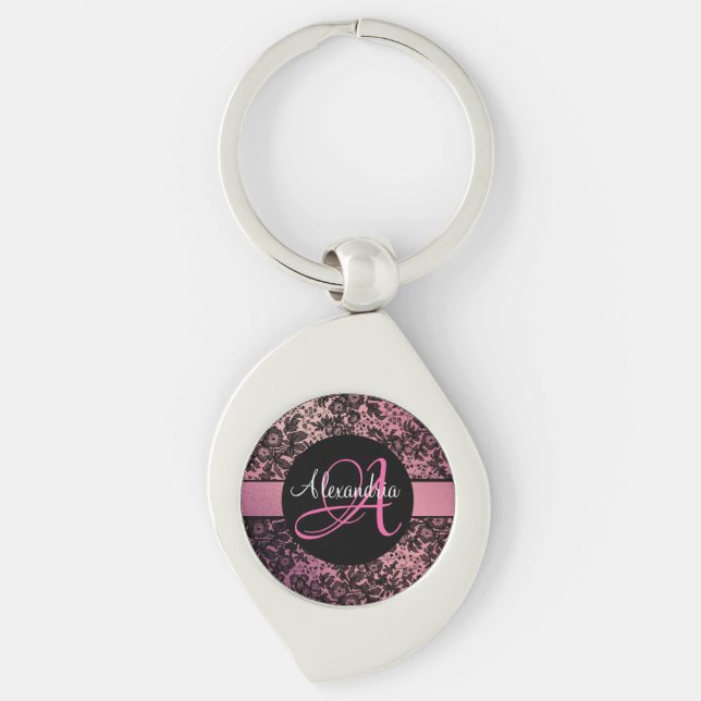Stylish Pink Blush Black Floral Monogram Custom Keychain (Front)