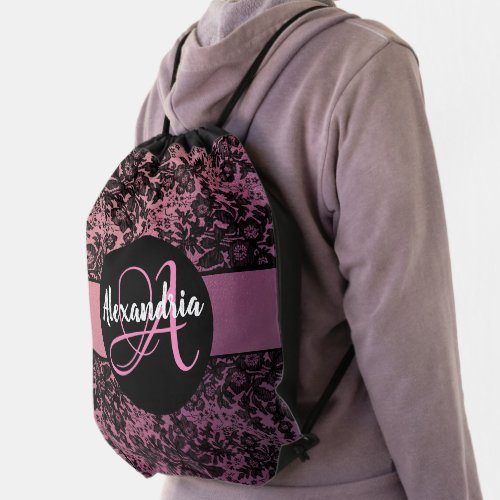 Stylish Pink Blush Black Floral Monogram Drawstring Bag