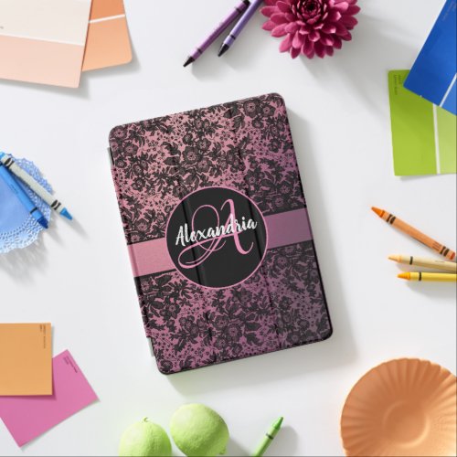 Stylish Pink Blush Black Floral Monogram      iPad Air Cover