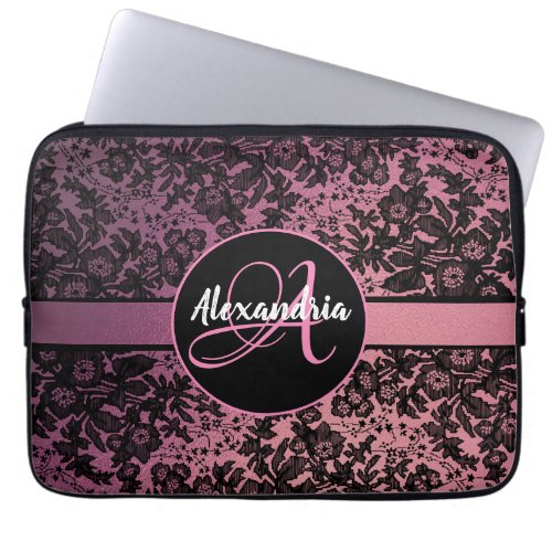 Stylish Pink Blush Black Floral Monogram     Laptop Sleeve