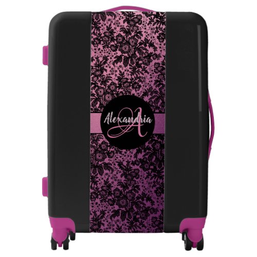 Stylish Pink Blush Black Floral Monogram Luggage