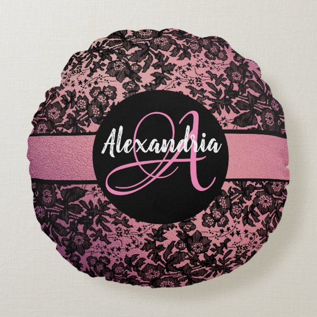 Stylish Pink Blush Black Floral Monogram  Round Pillow (Front)
