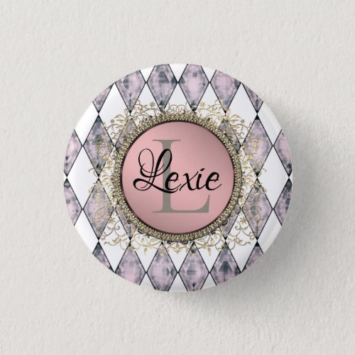 Stylish Pink Blush Harlequin Monogram  Button