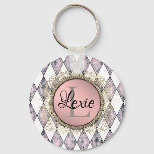Stylish Pink Blush Harlequin Monogram Keychain