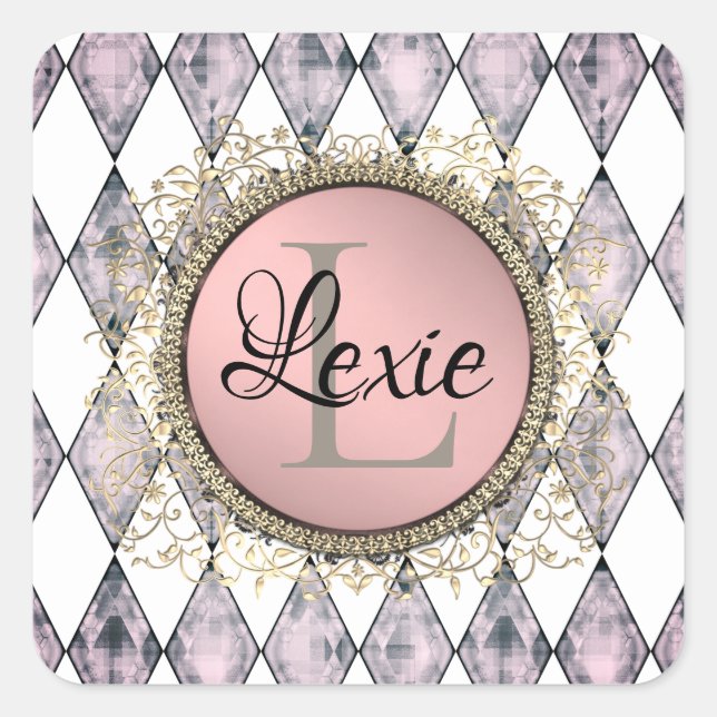 Stylish Pink Blush Harlequin Monogram  Square Sticker (Front)