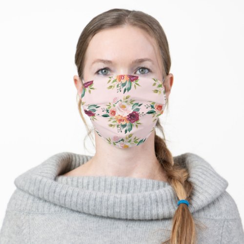 Stylish Pink Blush Watercolor Floral Pattern Adult Cloth Face Mask