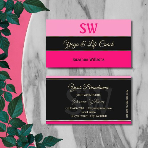 Stylish Pink Borders on Black Chic with Monogram Business Card