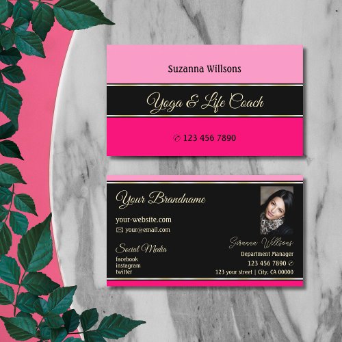 Stylish Pink Borders on Black Modern with Photo Business Card