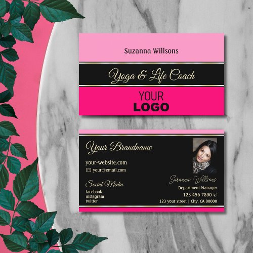 Stylish Pink Borders on Black with Logo and Photo Business Card