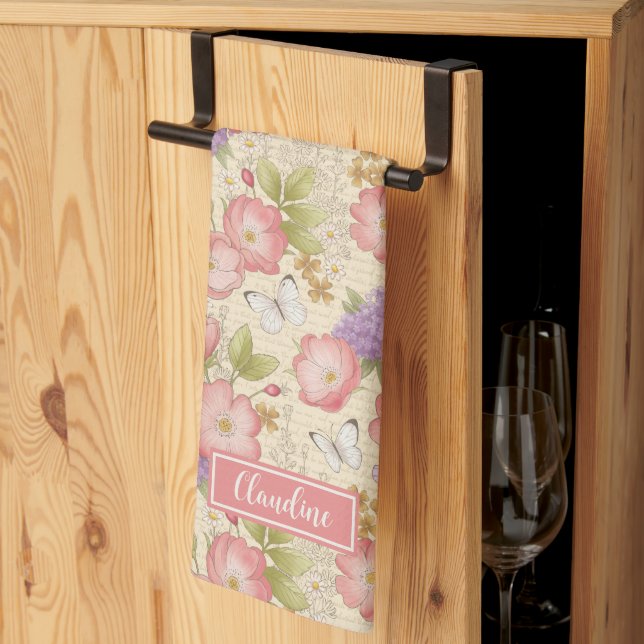 Stylish Pink Botanical Floral Pattern Kitchen Towel (Thirds Fold)