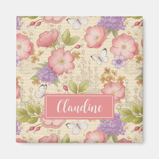 Stylish Pink Botanical Floral Pattern Magnet (Front)