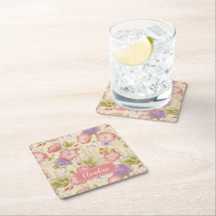 Stylish Pink Botanical Floral Pattern Square Paper Coaster