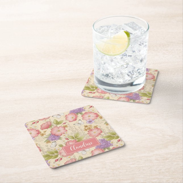 Stylish Pink Botanical Floral Pattern Square Paper Coaster (Insitu)