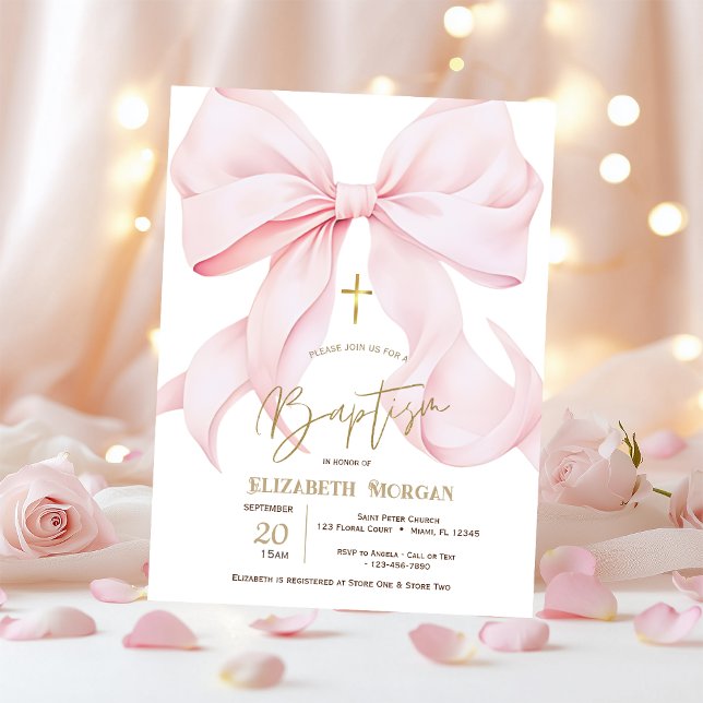 Stylish Pink Bow Gold Cross Dots Baptism Invitation (Creator Uploaded)