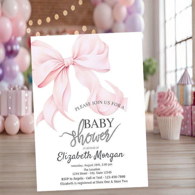 Stylish Pink Bow Striped Baby Shower Invitation (Creator Uploaded)
