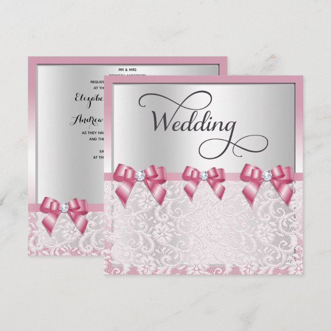 Stylish Pink Bows & Lace Wedding Invitation (Front/Back)