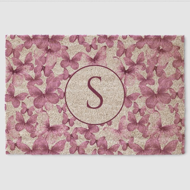 Stylish Pink Butterflies Pattern Custom Monogram Fiber Doormat (Front)