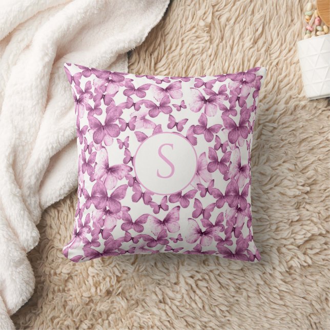 Stylish Pink Butterflies Pattern Custom Monogram Throw Pillow (Blanket)