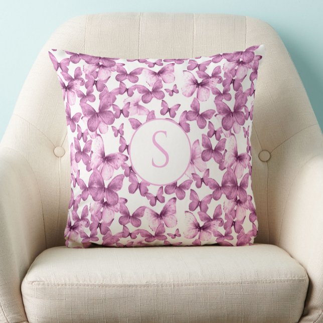 Stylish Pink Butterflies Pattern Custom Monogram Throw Pillow (Creator Uploaded)