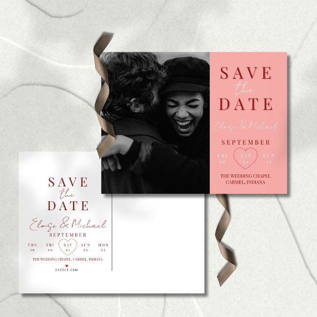 Stylish Pink Calendar Photo Wedding Save The Date Announcement Postcard (Invite guests to save the date with this Stylish Calendar Photo Double-sided Save The Date Invite!)
